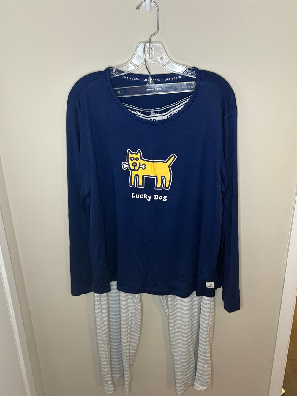 Life Is Good Navy Long-Sleeve with stripped grey pants sleep set